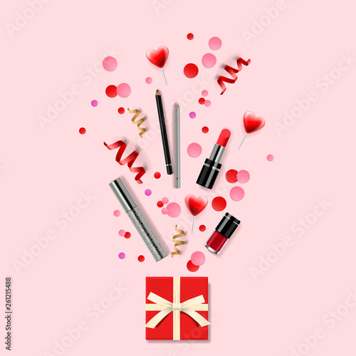 Cosmetics and fashion background with make up artist objects: lipstick, eyelash, nail. Modern design vector illustration concept for website and mobile website development.