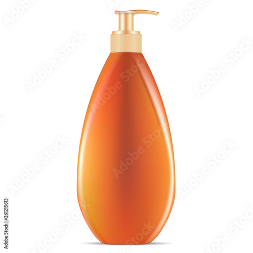 Sunblock Cosmetic Pump Dispenser Bottle. Vector Jar for Bronze Tanning Spf and Uva Sunscreen Protect. Premium Oil Moisture Essence in Yellow Packaging. Product Template Illustration.