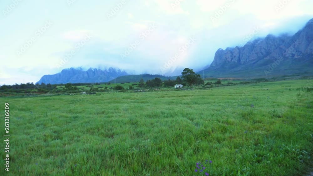 Beautiful slow motion moving shot of grasslands in front of mountains on a farm. Beautiful slow motion moving shot of grasslands in front of mountains on a farm.