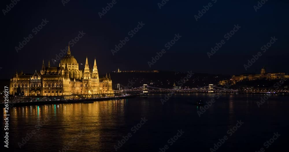 A view of Hungarian Parliament building and Danube river at night. Time lapse A view of Hungarian Parliament building and Danube river at night. Time lapse