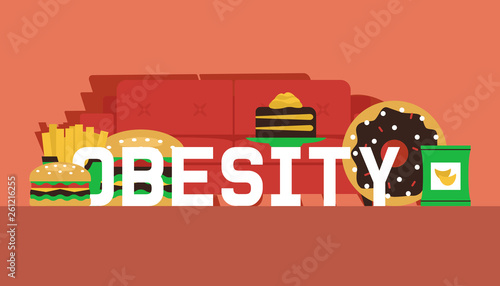 Obesity concept banner vector illustration. Make your choice between healthy and junk food. Defeat obesity today. Sofa with fast food such as burger, chips, french fries.
