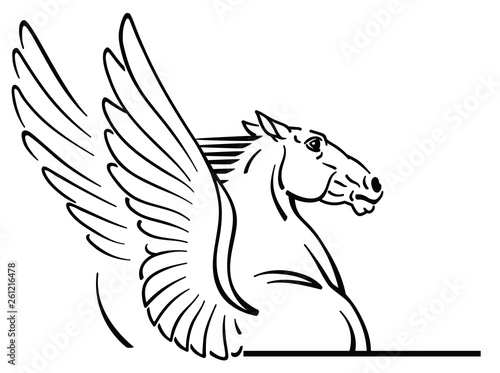 Pegasus logo, emblem .Outline mythological winged horse . Black and white vector