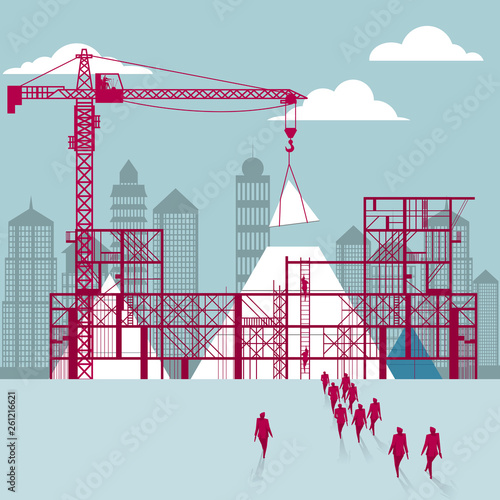 The pyramid in the building.A group of businessmen walked to the building site.