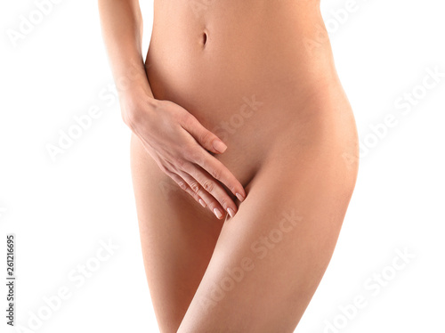 Naked young woman on white background
