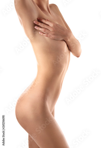 Naked young woman on white background