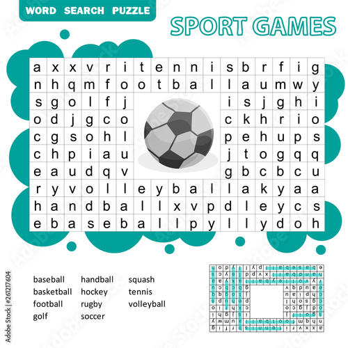 Sport games themed word search puzzle for kids. Answer included. Fun education game for kids, preschool worksheet activity, vector illustration