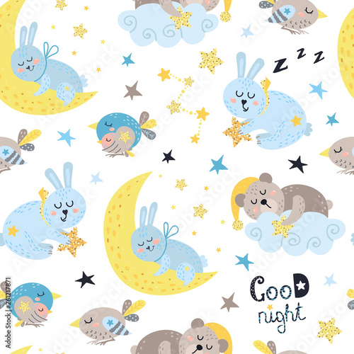 Seamless pattern for boys with sleeping animals