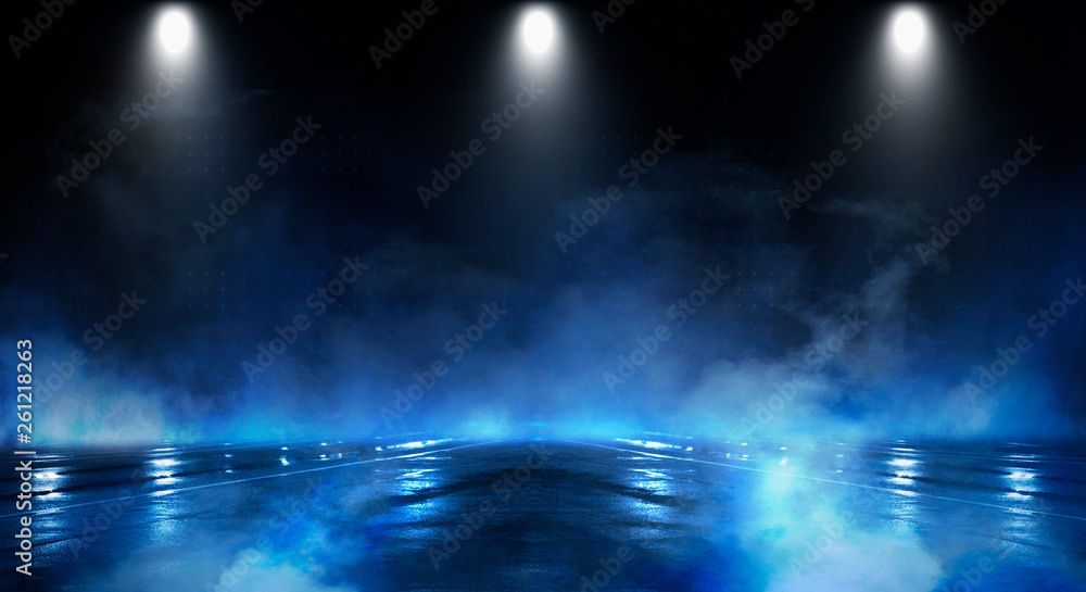 Fototapeta premium Dark empty scene, blue neon searchlight light, wet asphalt, smoke, night view, rays.