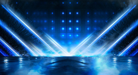 Dark empty scene, blue neon searchlight light, wet asphalt, smoke, night view, rays.