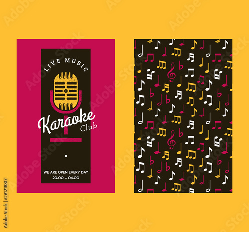 Karaoke club set of banners vector illustration. Live music with notes. Advertisement of event. Microphone for singers songs. Night show party. Singing activity. Opening hours.
