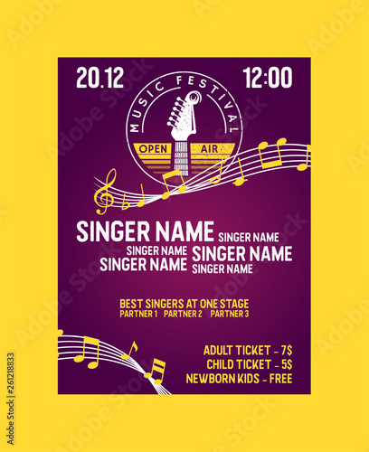 Music festival poster, banner vector illustration. Live music with notes. Advertisement of event. Guitar for playing songs. Night show party. Singing activity. Best singers at one stage.