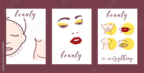 Plastic surgery set of cars vector illustration. Face and body correction. Doctor consultation. Breast augmentation, liposuction, face and body cosmetology. beauty health procedure.
