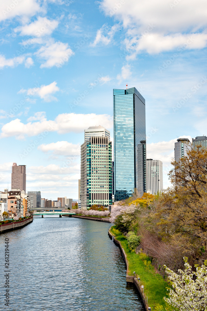 Office buildings along Okawa river in Osaka, Japan