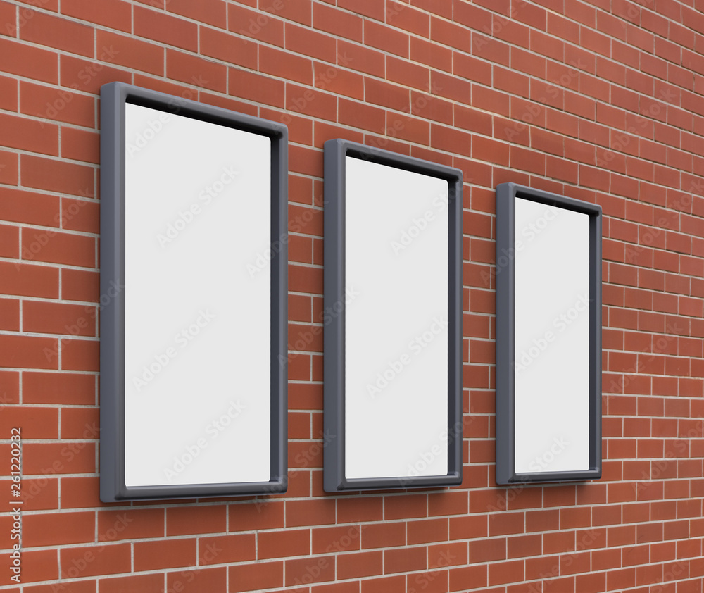 3D rendering of blank billboard (empty advertisement) on brick wall. Empty mockup template 3D rendering of blank billboard (empty advertisement) on brick wall. Empty mockup template