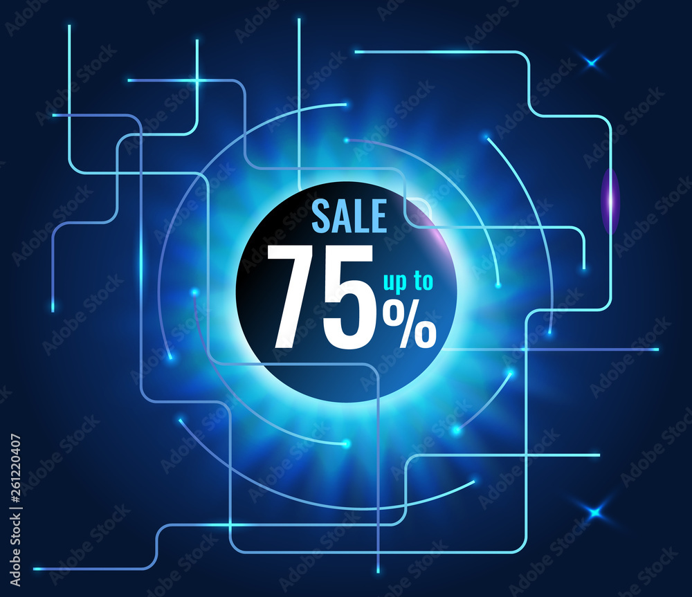 Obraz premium Sale banner up to 75 for Cyber monday on tech blue background. glowing energy on circuit board. Vector illustration.