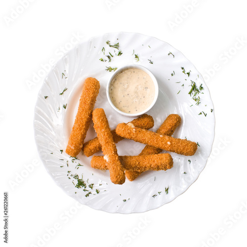 Cheese fried and sauce on a white plate. isolated on white background. Top view