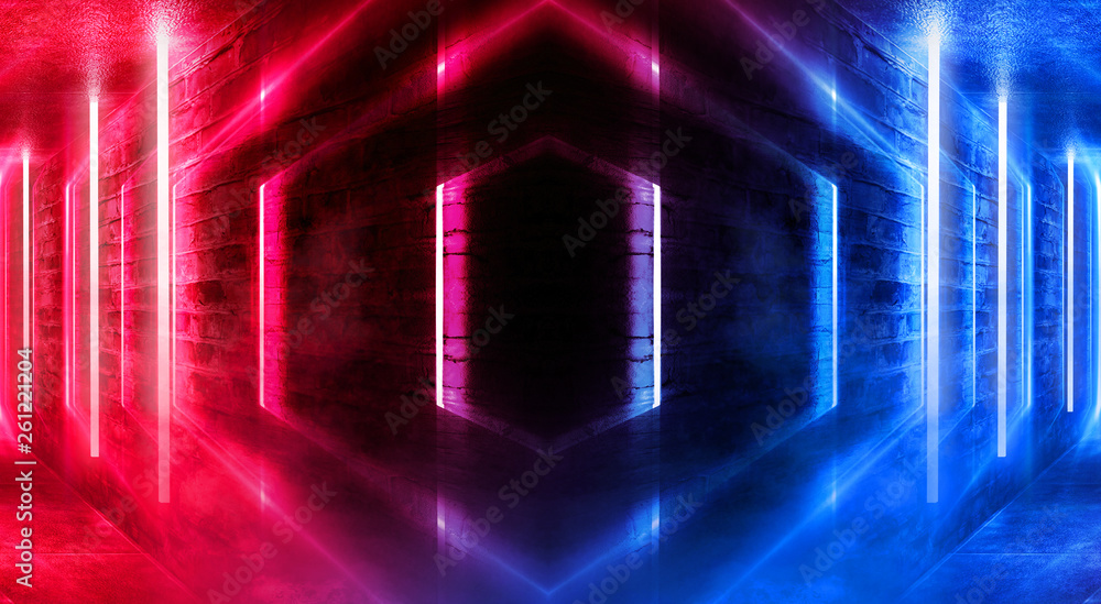 Abstract tunnel, corridor with rays of blue and pink light and neon highlights. Abstract blue and pink background, neon. Empty dark room with rays and lines. Brick walls, concrete floor. Night view. 3 Abstract tunnel, corridor with rays of blue and pink light and neon highlights. Abstract blue and pink background, neon. Empty dark room with rays and lines. Brick walls, concrete floor. Night view. 3