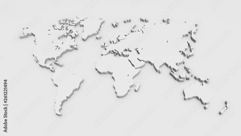 White 3D world map illustration isolated on white background.