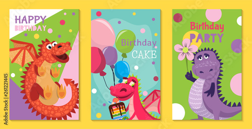 Baby dragons set of birthday or invitation cards or posters vector illustration. Cartoon funny little dragons with wings. Fairy dinosaurs with cake, baloons, flower. Party.