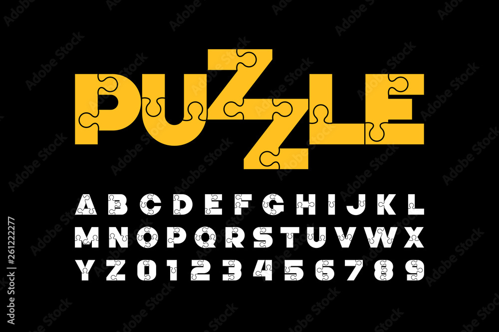 Puzzle font design, jigsaw puzzle alphabet and numbers - obrazy, fototapety, plakaty 