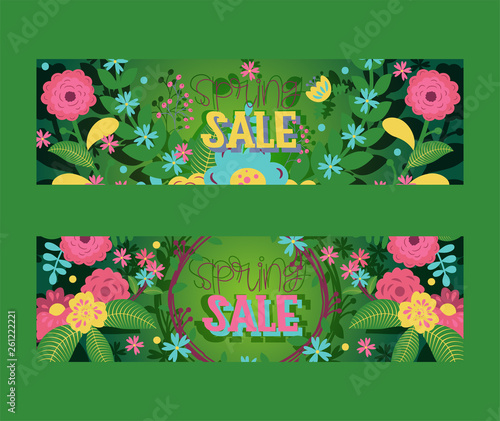 Wreaths leaves and flowers set of banners vector ilustration. Bloom of plant ...