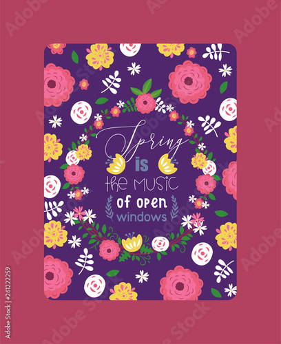Wreaths leaves and flowers poster vector ilustration. Bloom of plant, spring ...