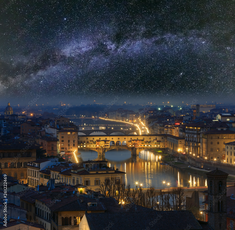 Night Florence top view and Milky Way, Italy