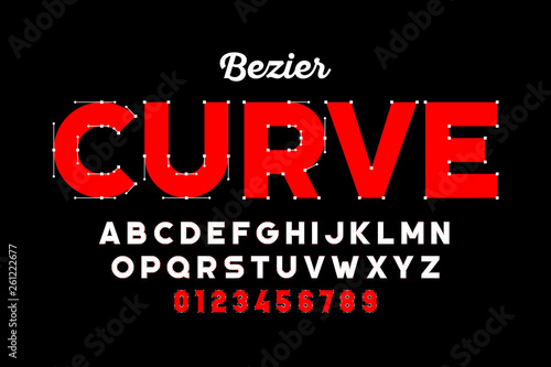 Bezier curves style font design, alphabet letters and numbers