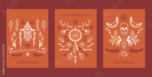 Boho hand drawn set of cards, banners vector illustration. Dream catcher amulet, scull, plants such as flowers with leaves, branch, arrows, moon, feather, ethnic tribal eyes.