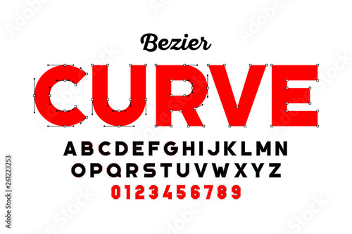 Bezier curves style font design, alphabet letters and numbers