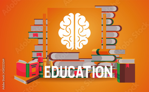 Education banner, poster vector illustration. Pile of books, open and closed. Knowledge, learning. Brain sign. Studying literature. Reading concept. Book shop. Clever and wise.