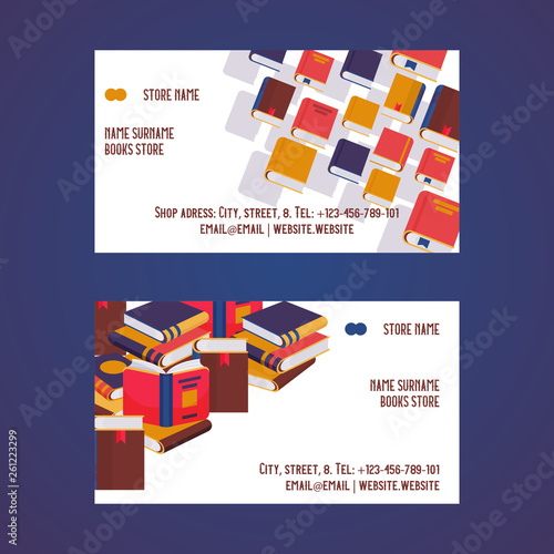 Book store set of business cards vector illustration. Pile of books, open and closed. Knowledge, learning and education. Studying literature. Reading concept. Contact information.