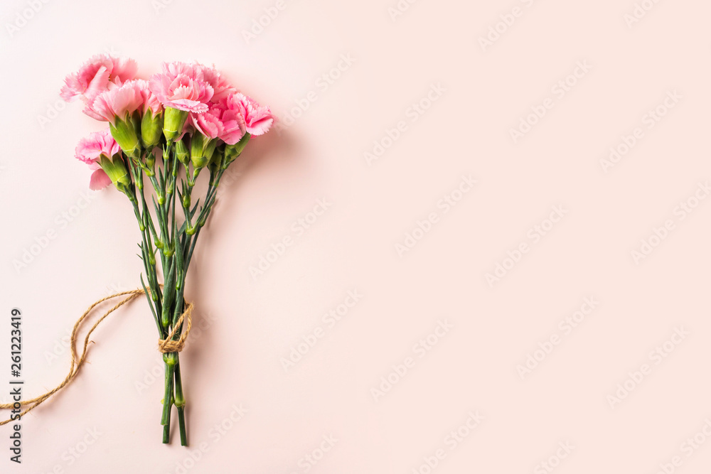 top view of carnation on pink background