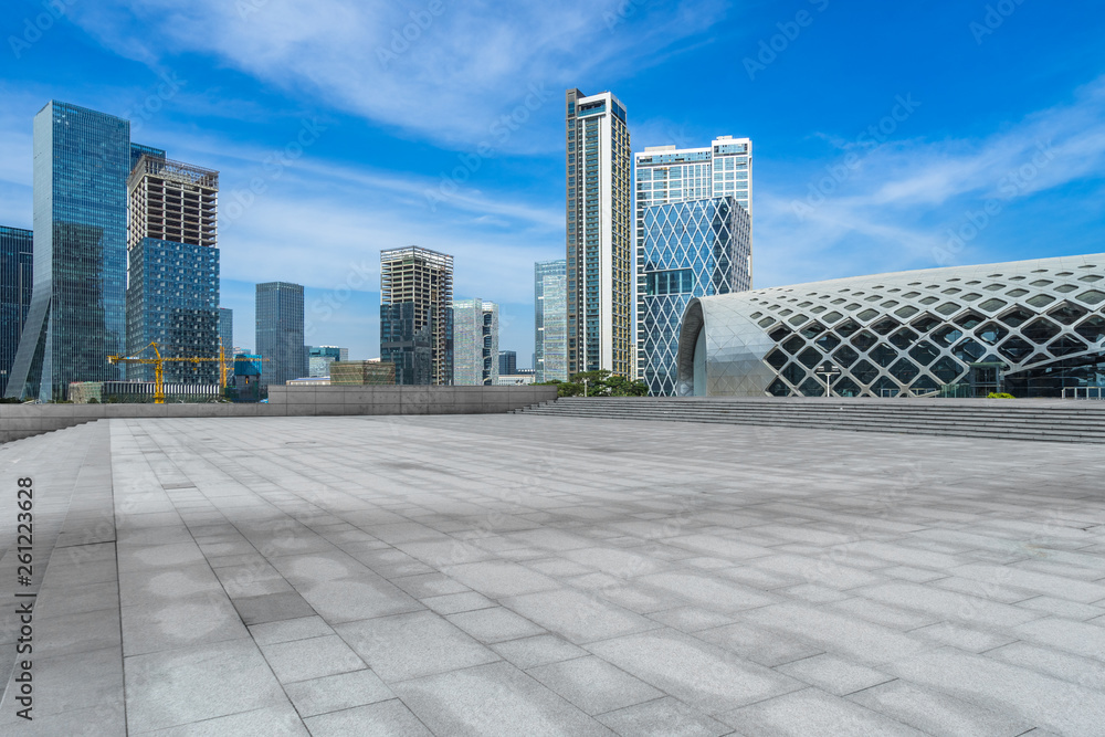 Panoramic skyline and buildings with empty square floor Panoramic skyline and buildings with empty square floor