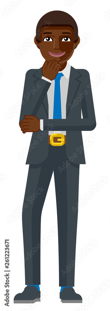 A black business man thinking with his hand on his chin mascot concept A black business man thinking with his hand on his chin mascot concept