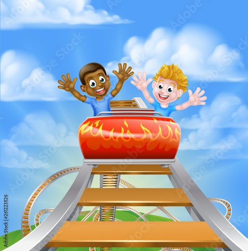Cartoon boys children riding on a roller coaster ride at a theme park or amusement park