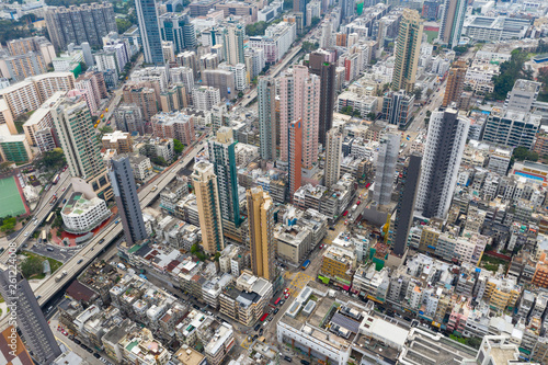 Drone fly over Hong Kong city