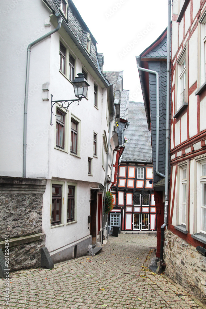 An old street with old traditional fachwerk houses in Limburg am der Lahn, Germany