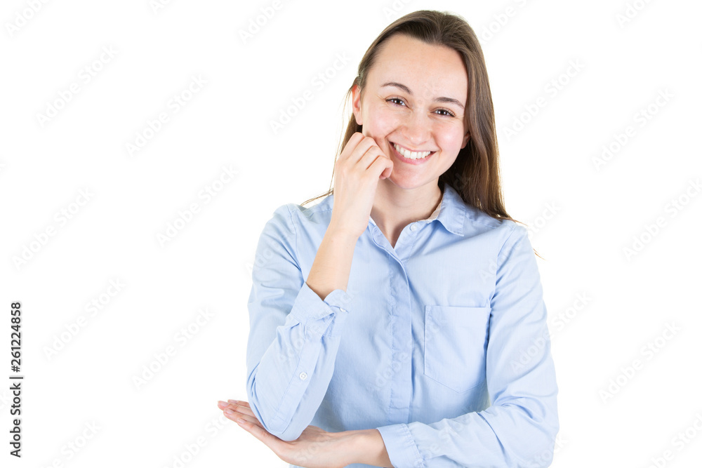 portrait of a young happy woman smiling and thinking with hands on cheeks on white background portrait of a young happy woman smiling and thinking with hands on cheeks on white background