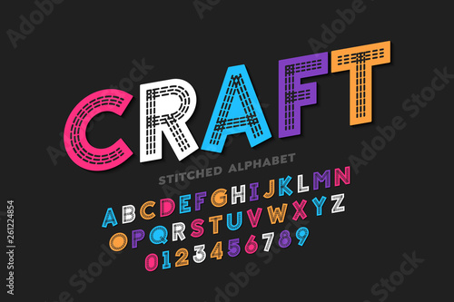 Stitched font, running stitch, alphabet letters and numbers