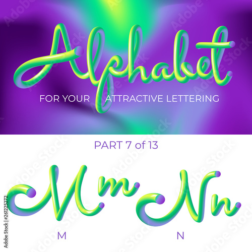 3D neon led alphabet font. Logo M letter, N letter with rounded shapes. Matte three-dimensional letters from the tube, rope green and purple.  Tube Hand-Drawn Lettering. Typography for Music Poster, S
