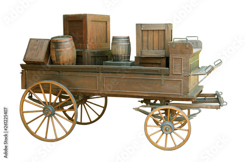 Old cart with wooden barrels on a white background.