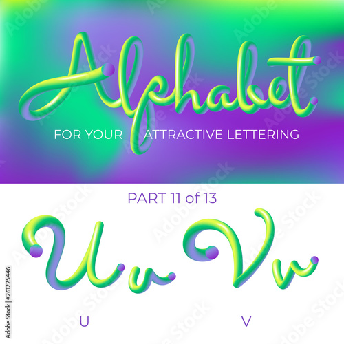 3D neon led alphabet font. Logo U letter, V letter with rounded shapes. Matte three-dimensional letters from the tube, rope green and purple.  Tube Hand-Drawn Lettering. Typography for Music Poster, S