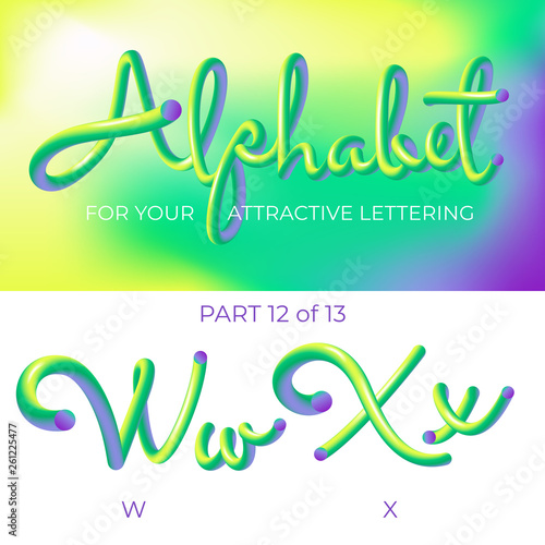 3D neon led alphabet font. Logo X letter, W letter with rounded shapes. Matte three-dimensional letters from the tube, rope green and purple.  Tube Hand-Drawn Lettering. Typography for Music Poster, S