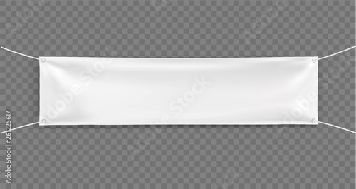 3d Empty narrow Horizontal Banner with 4 holes and ropes. Vector realistic template on transparent background for Your Design and Advertising. Awning, Textiles, PVC, Vinyl, Nylon, Banner ect. EPS 10.