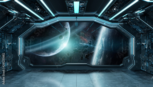 Fototapeta Naklejka Na Ścianę i Meble -  Dark blue spaceship futuristic interior with window view on space and planets 3d rendering