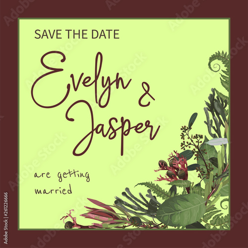 Wedding, watercolor seasonal flower card.Plants, leaves, branches, brunia, blooming eucalyptus, leucadendron, gaultheria, salal, jatropha vector design frame.Floral square composition.Editable