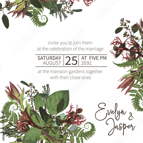 Wedding, watercolor seasonal flower card.Plants, leaves, branches, brunia, blooming eucalyptus, leucadendron, gaultheria, salal, jatropha vector design frame.Floral square composition.Editable