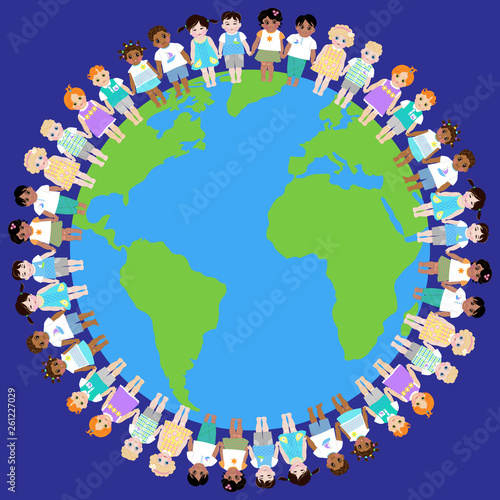 bright illustration with the image of children of different nationalities around the globe, represents friendship between peoples
