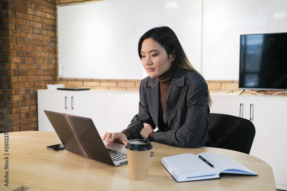 Portrait of аsian woman working with laptop in the office. Portrait of аsian woman working with laptop in the office.
